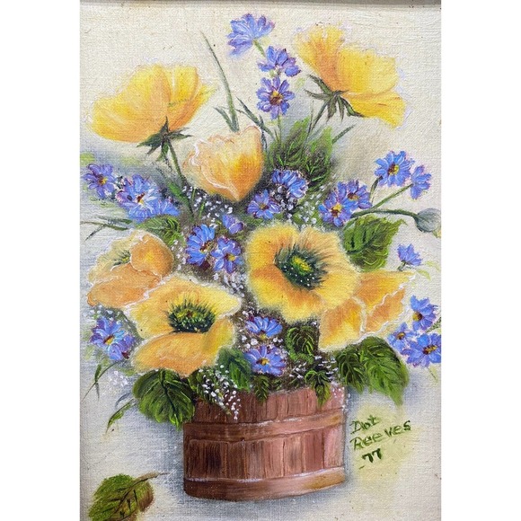 Country Flowers Original Art Painting Handmade Wood Frame Floral Vtg 12x10 - Picture 7 of 13
